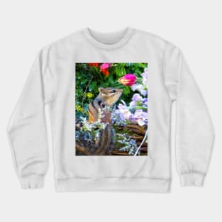 Tiny chipmunk in a basket of flowers Crewneck Sweatshirt